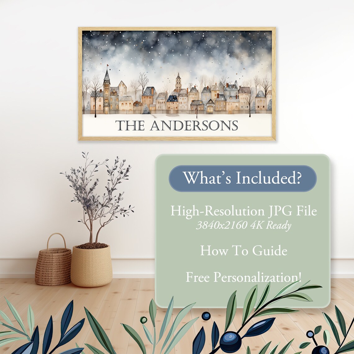 Personalized Family Name Winter Village Skyline Snowy Christmas Wall Art - Image 2