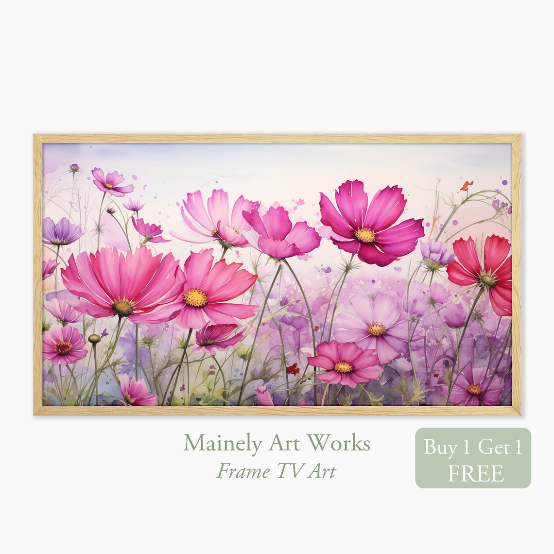 Magenta Cosmos Flower Bloom Dreamy Pastel Meadow Watercolor Poster