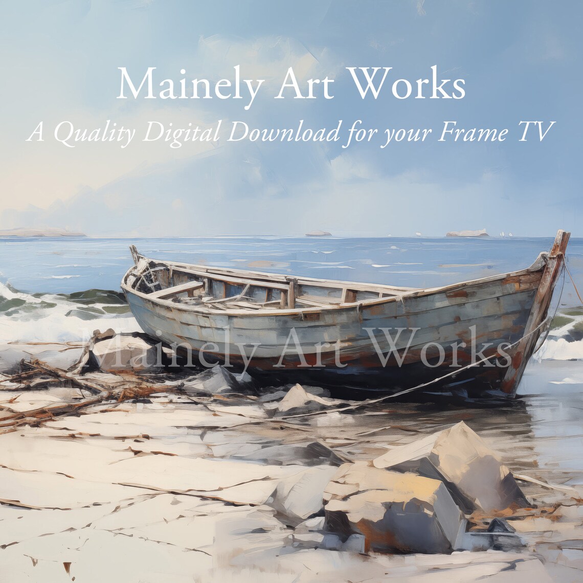 Weathered Old Boat Stranded On Rocky Beach Gentle Waves Seascape Wall Art Print - Image 3
