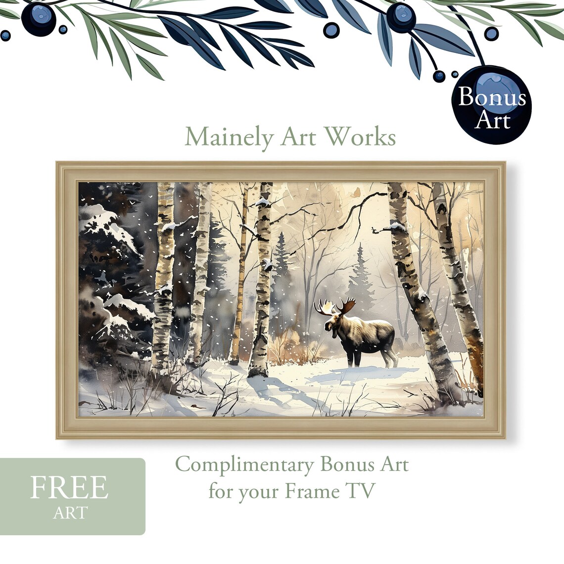 Bull Moose Walking Through Snowy Birch Forest Winter Watercolor Wall Art Print - Image 3