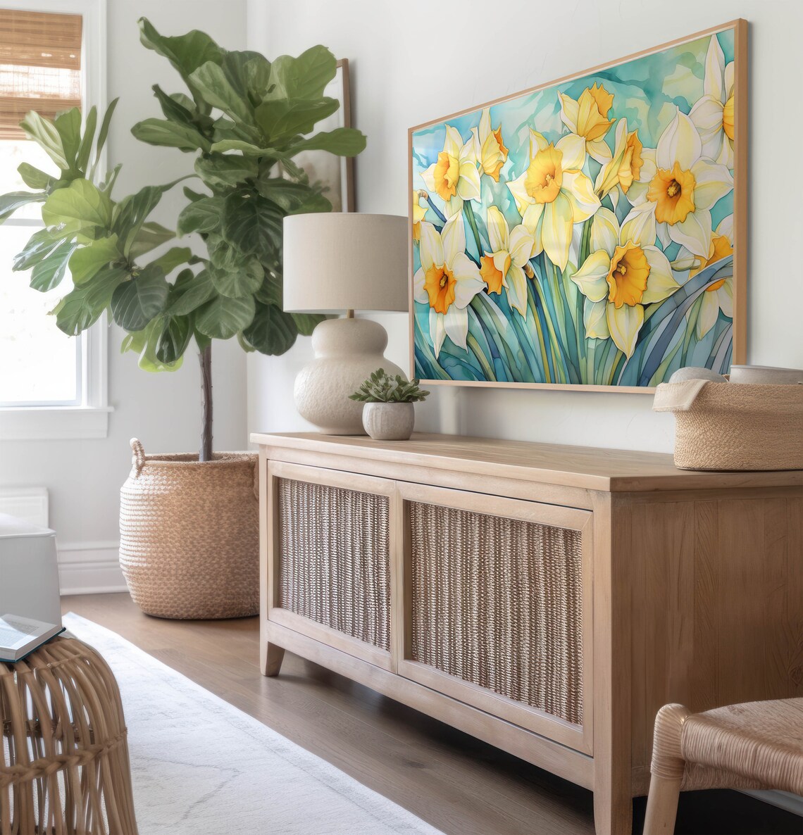 White Yellow Daffodil Stained Glass Style Floral Watercolor Poster - Image 2
