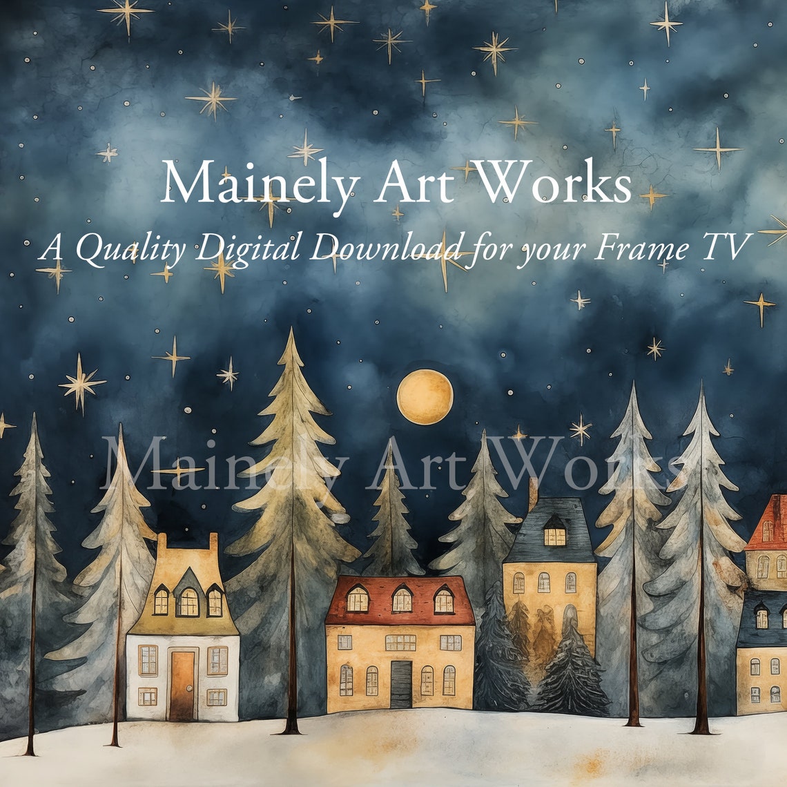 Winter Frame Tv Art Vintage Country Art For Tv Village Painting Nighttime Winter Tv Art Folk Primitive Tv Art Christmas Trees - Image 3