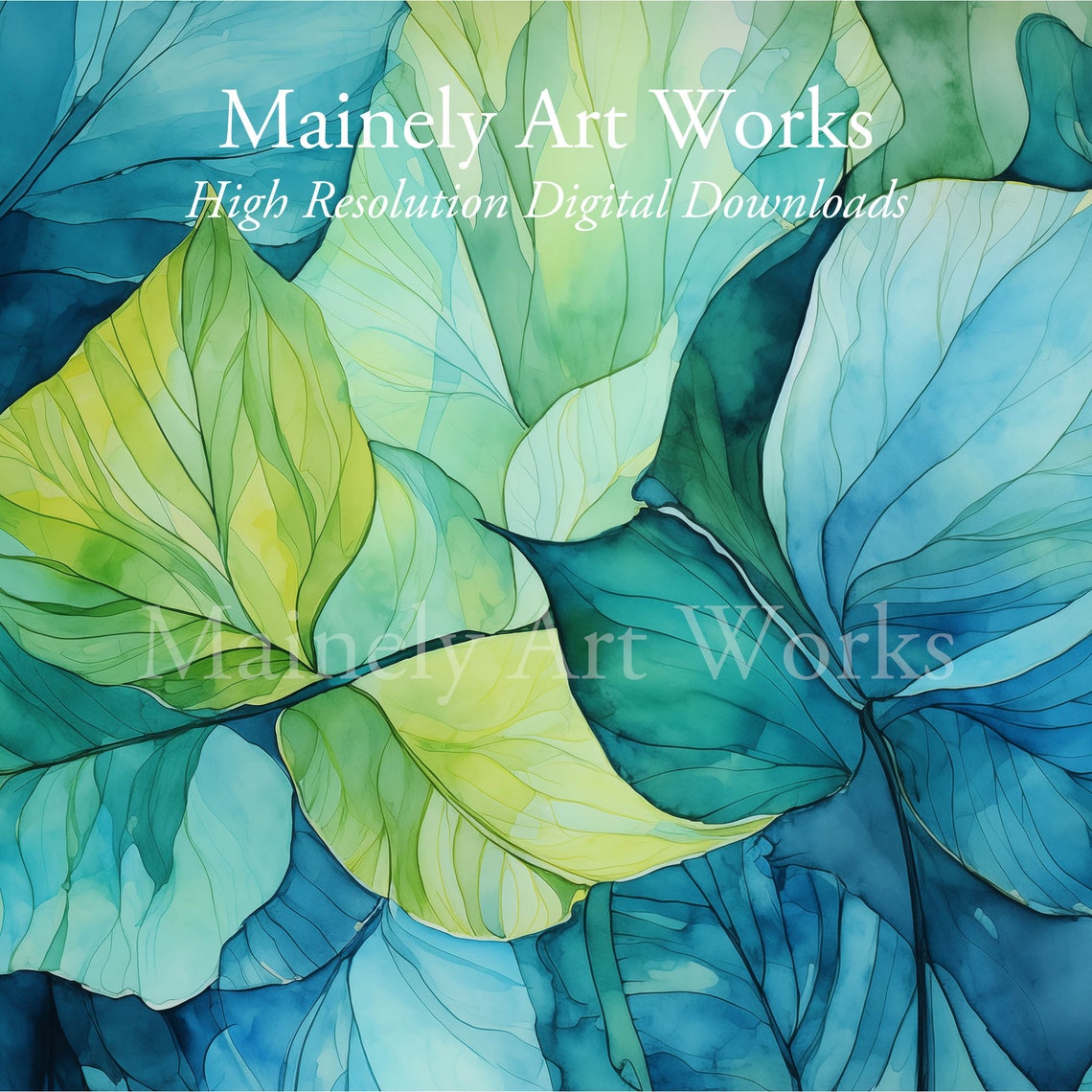 Blue Green Leaf Watercolor Abstract Botanical Foliage Wall Art - Image 3