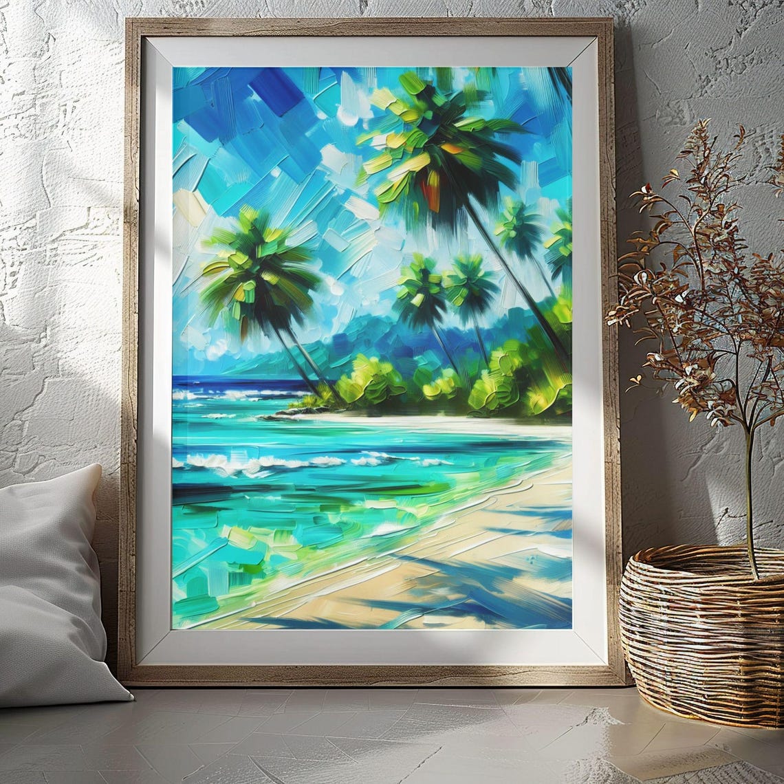 Serene Tropical Island Beach Palm Trees Turquoise Ocean Wall Art