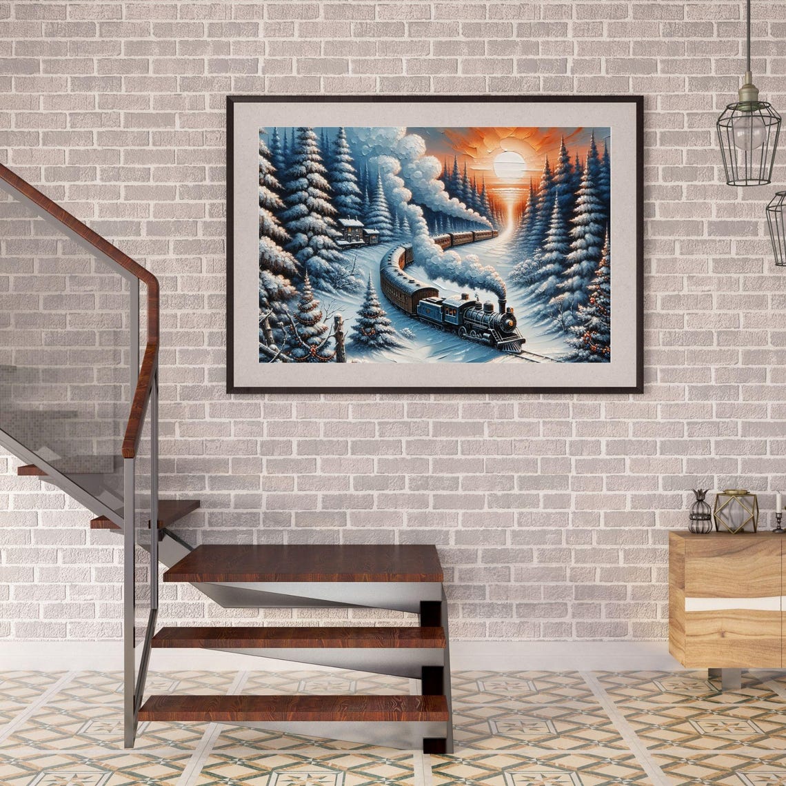 Vintage Steam Train Winter Railroad Sunset Snowy Pines Painting Poster - Image 2