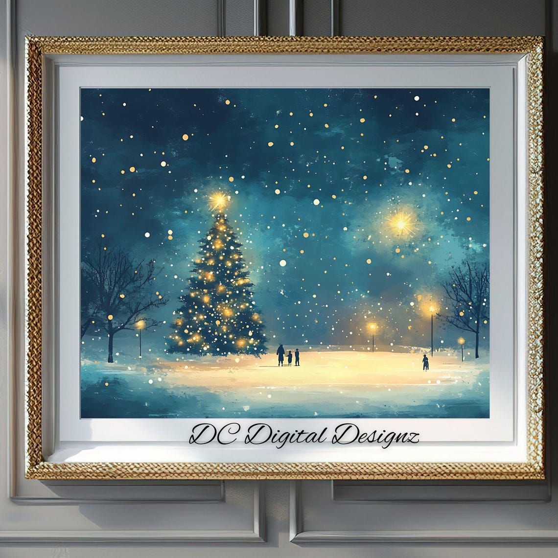 Snowy Night Christmas Tree Park Lights Winter Painting Poster
