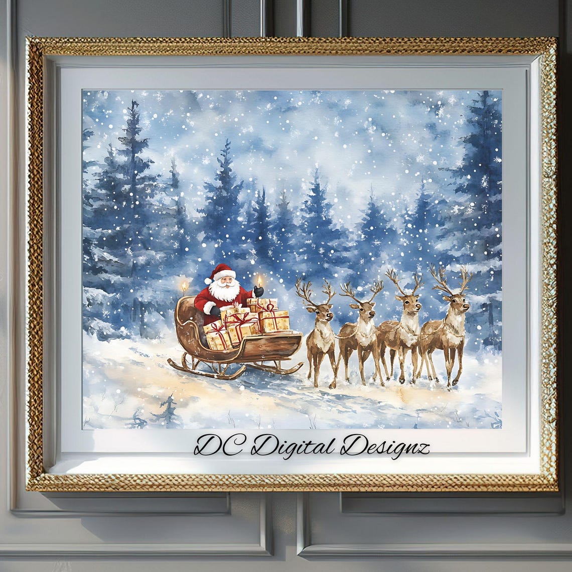Santa Sleigh and Reindeer in Snowy Forest Christmas Watercolor Poster