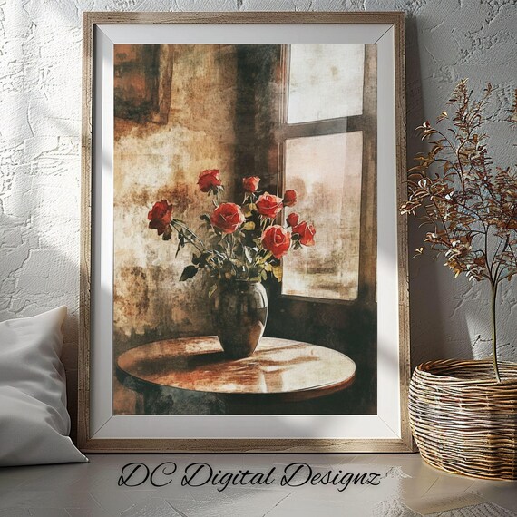 Red Roses in Vase by Window Vintage Watercolor Still Life Poster