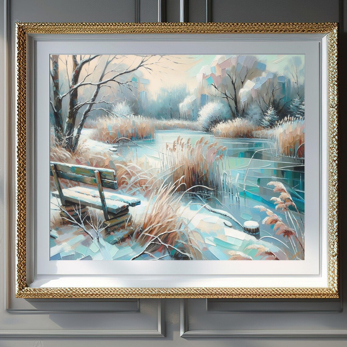 Frozen Pond Winter Landscape Wooden Bench Frosted Reeds Wall Art