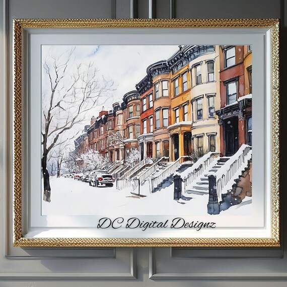 Winter Brownstone Stoops Snowy Street Watercolor City Scene Poster