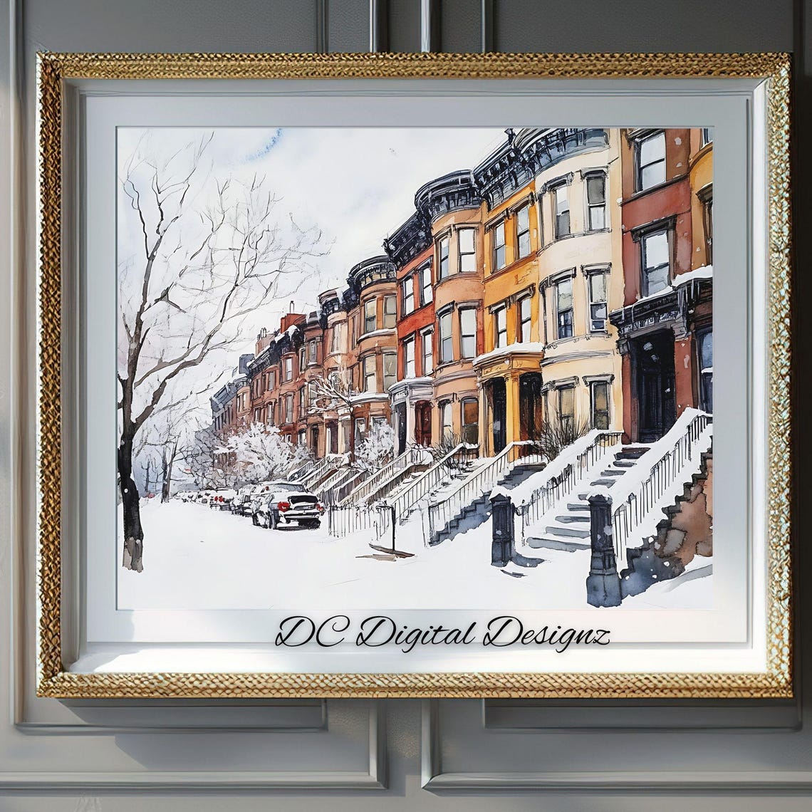Winter Brownstone Stoops Snowy Street Watercolor City Scene Poster