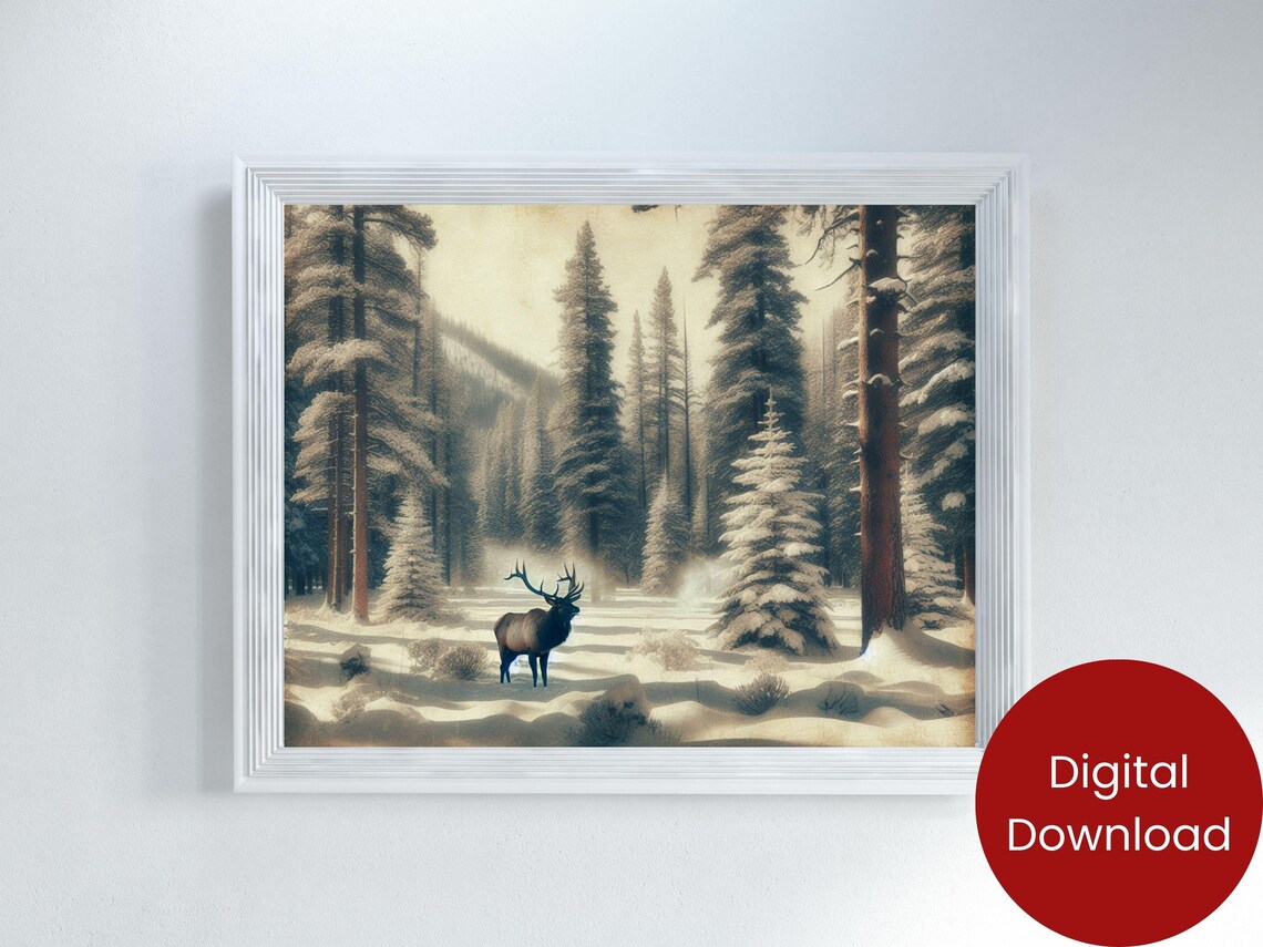 Christmas Wall Art Vintage Elk Winter Scene - Image 2