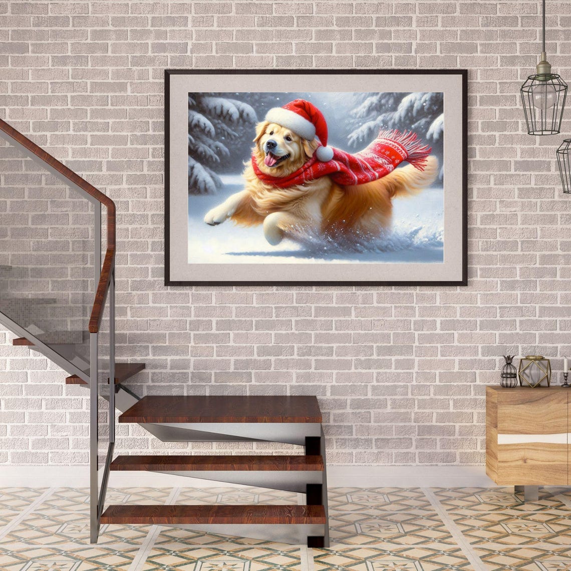 Golden Retriever Santa Hat Snow Run Red Scarf Holiday Dog Poster - Image 2