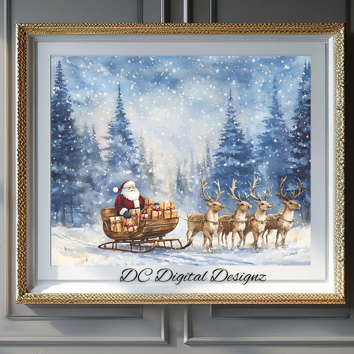 Santa Claus Sleigh with Reindeer Team in Snowy Holiday Pines Poster