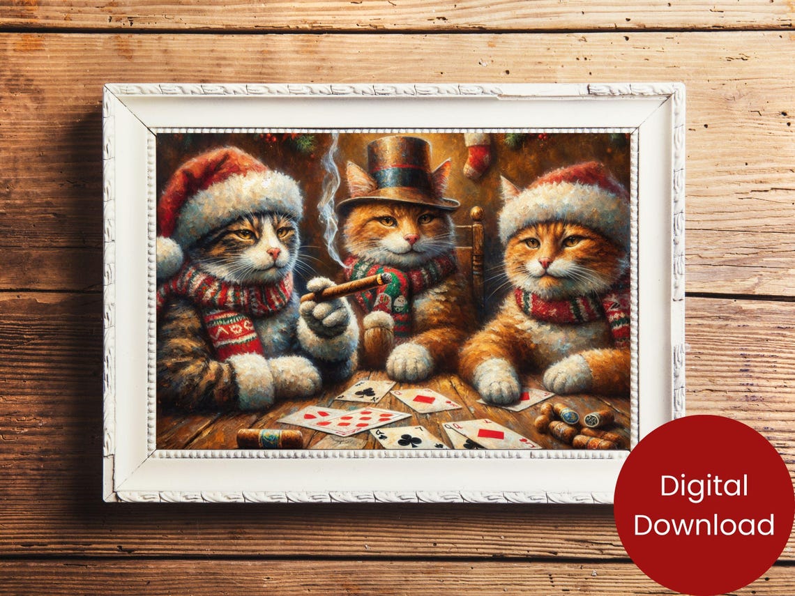 Cats Playing Cards In Santa Hats Rustic Christmas Poker Poster
