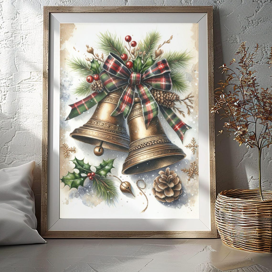 Brass Christmas Bells Plaid Bow Pinecones Vintage Holiday Poster