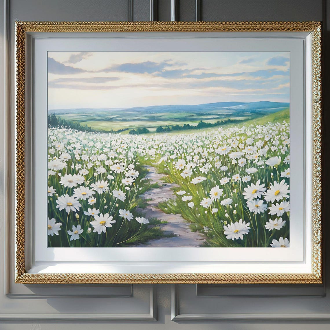 White Daisy Field Winding Path Rolling Hills Meadow Spring Poster