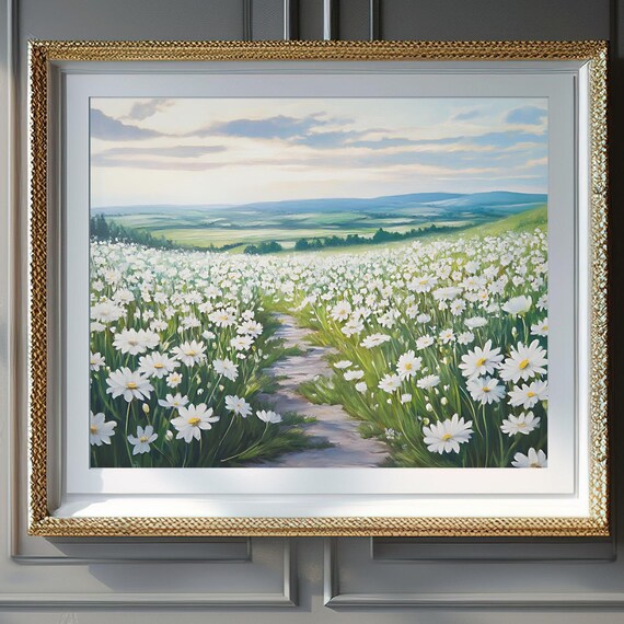 White Daisy Field Winding Path Rolling Hills Meadow Spring Poster