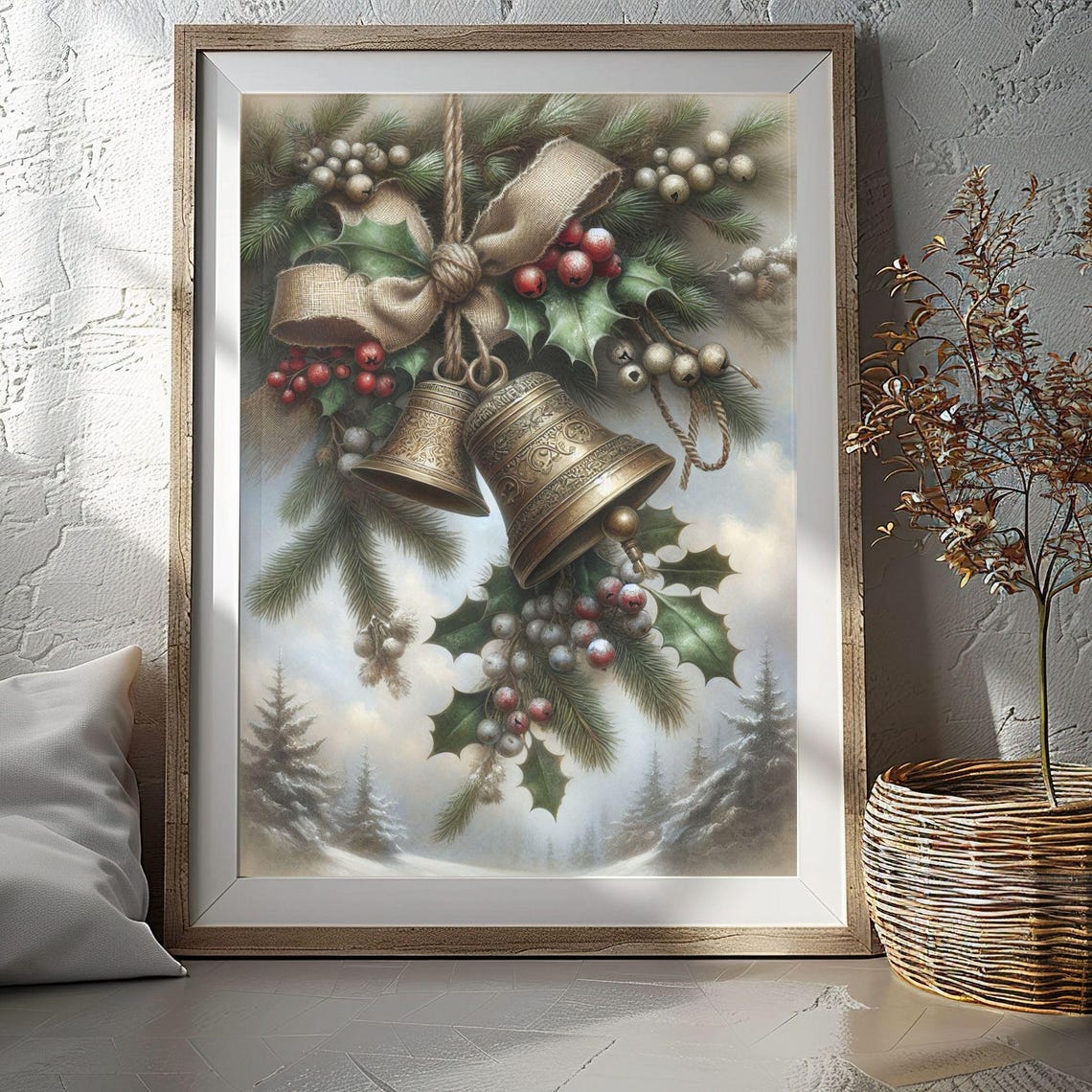 Brass Christmas Bells Burlap Bow Holly Snowy Winter Scene Poster