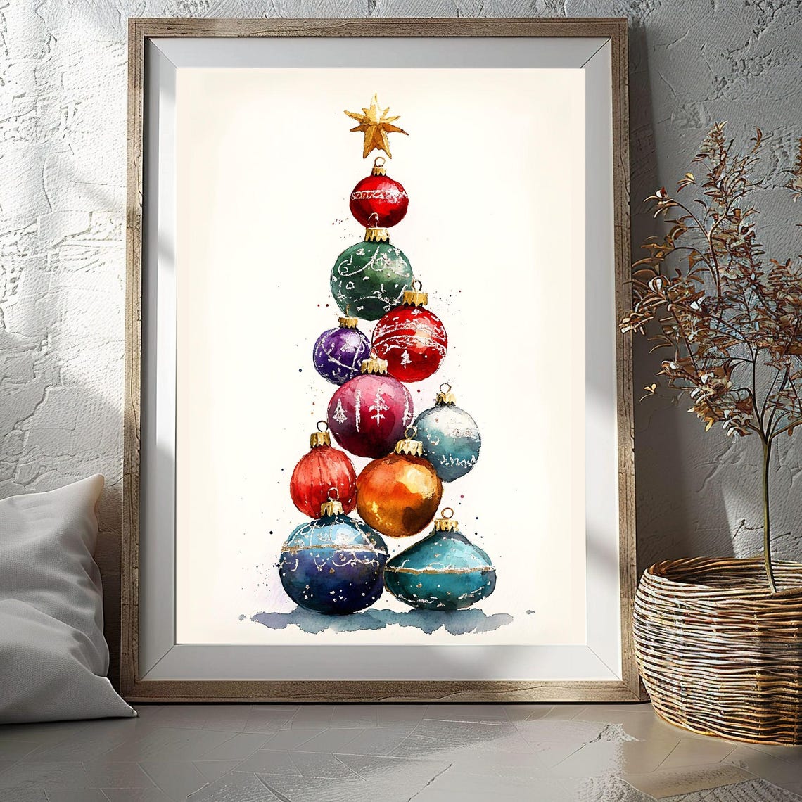 Watercolor Bauble Ornament Christmas Tree Gold Star Art Poster