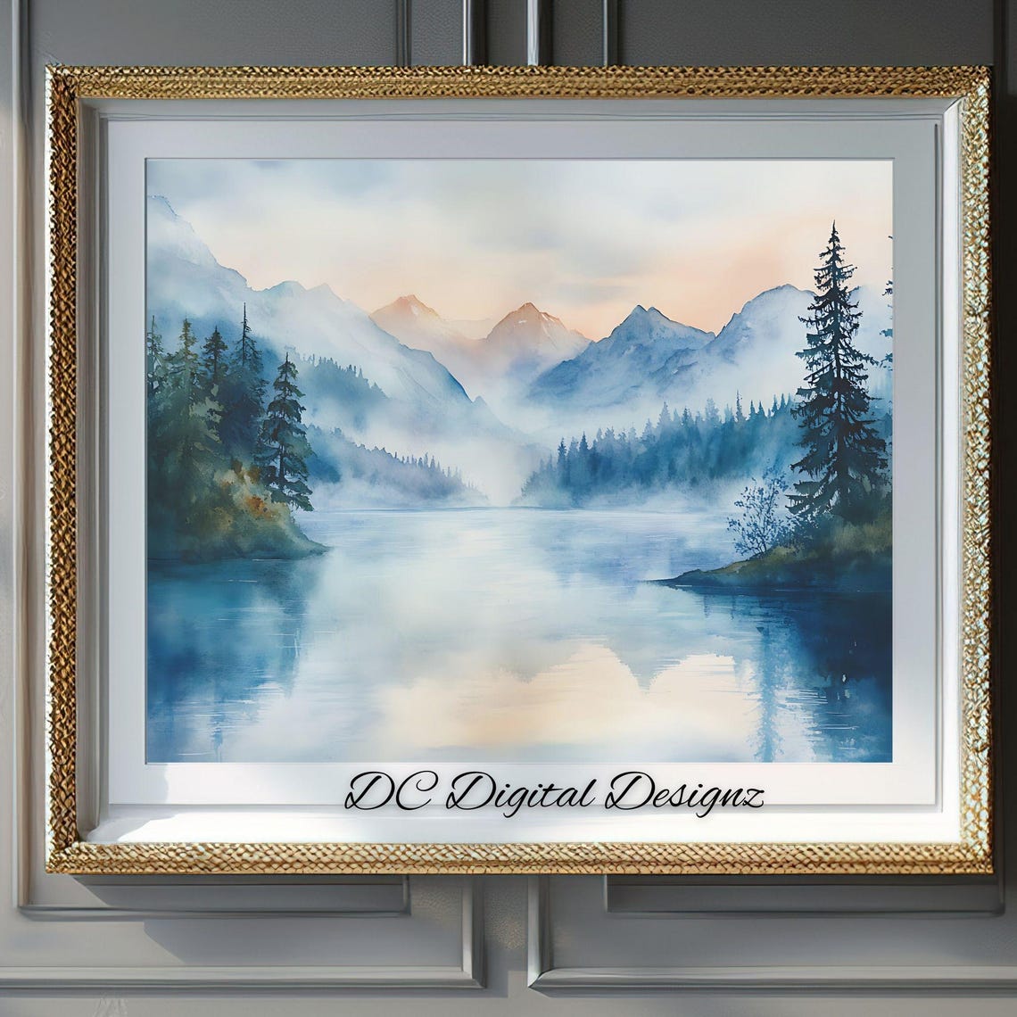 Misty Dawn Mountain Lake Tall Pines Watercolor Scenic Poster