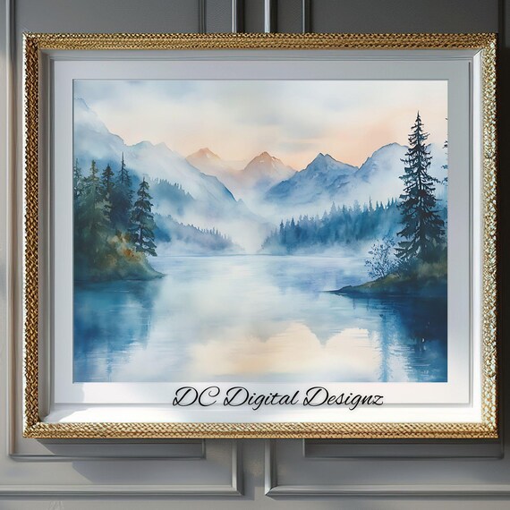 Misty Dawn Mountain Lake Tall Pines Watercolor Scenic Poster