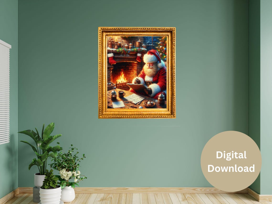 Santa Claus Checking His List By The Fireplace Holiday Poster - Image 2