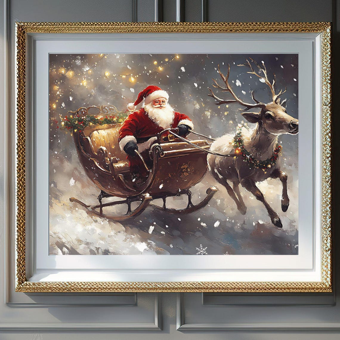 Santa Claus Reindeer Sleigh Ride Snowy Night Christmas Poster