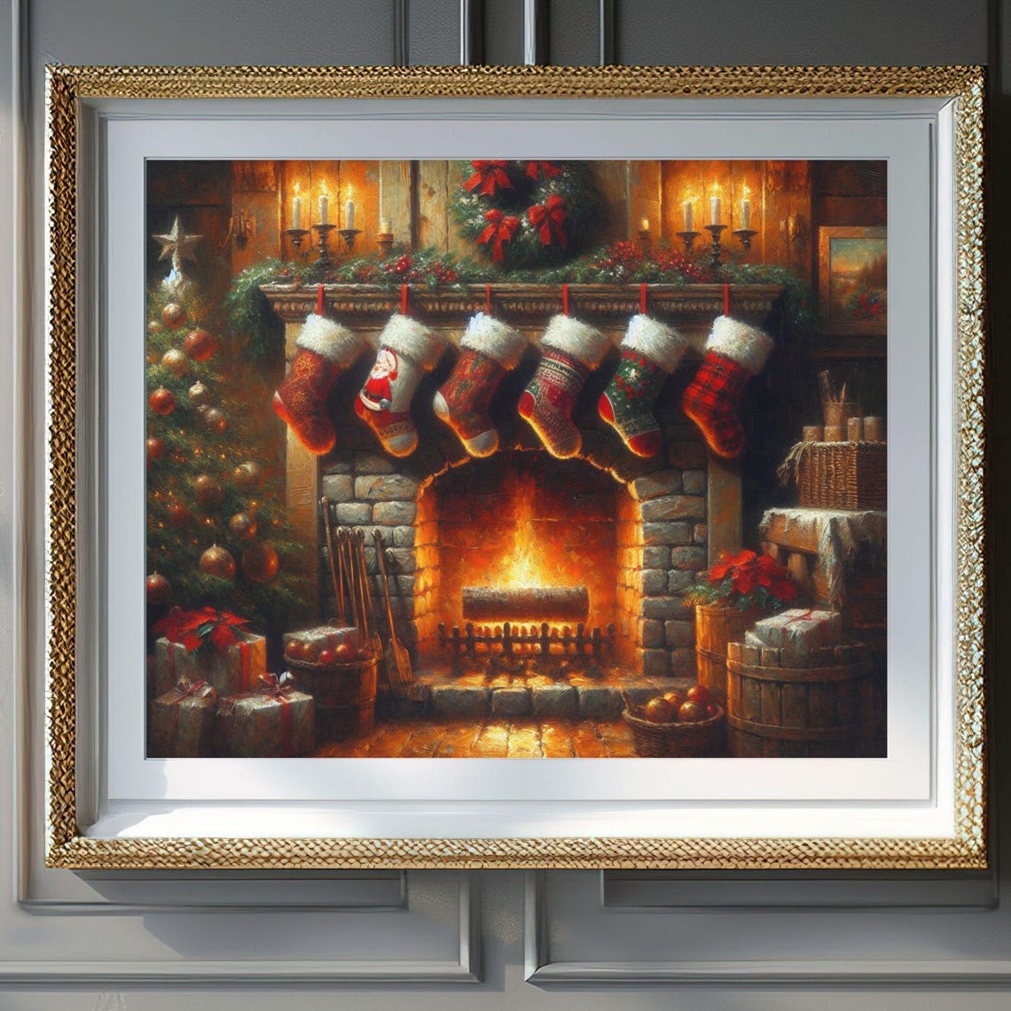 Cozy Fireplace Six Christmas Stockings Candles Garland Mantel Poster