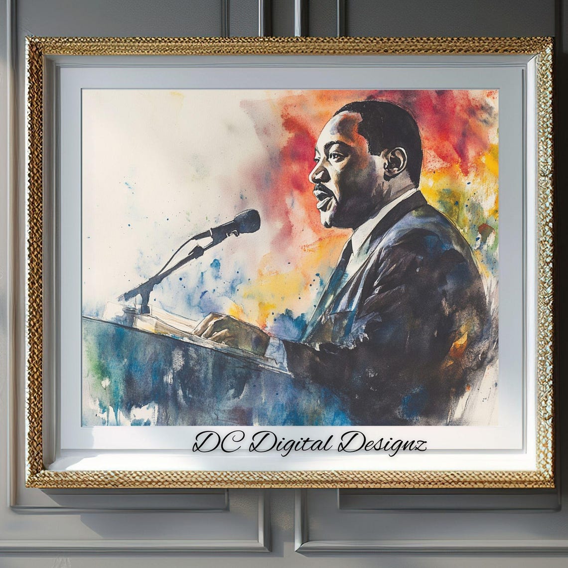 Martin Luther King Jr Speaking at Podium Watercolor Tribute Poster