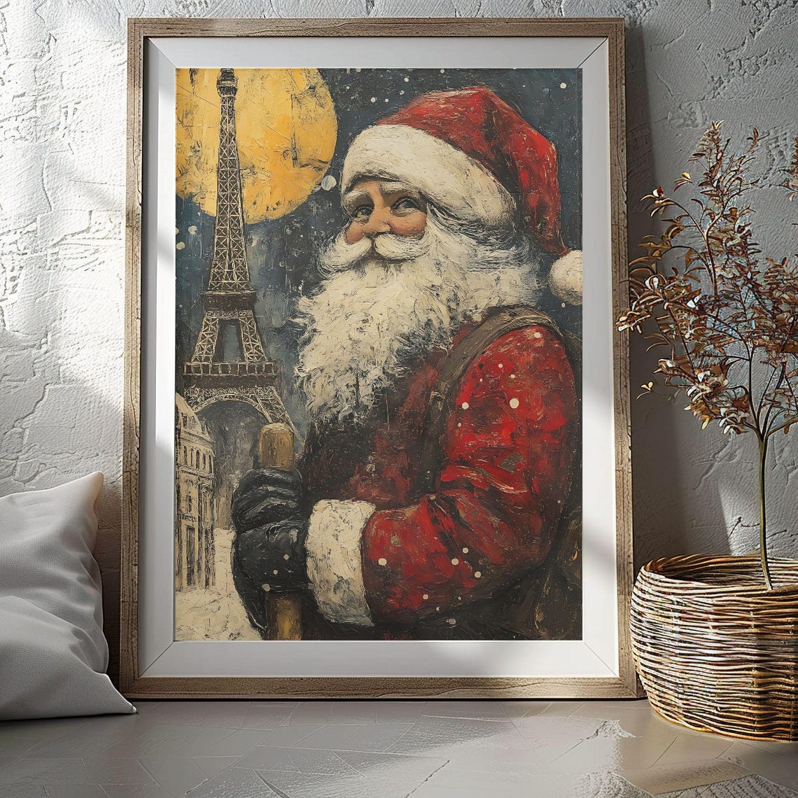 Santa Claus Paris Eiffel Tower Full Moon Rustic Oil Painting Poster