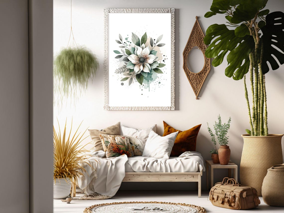 White Flower Watercolor Botanical Eucalyptus Leaf Minimal Poster - Image 3
