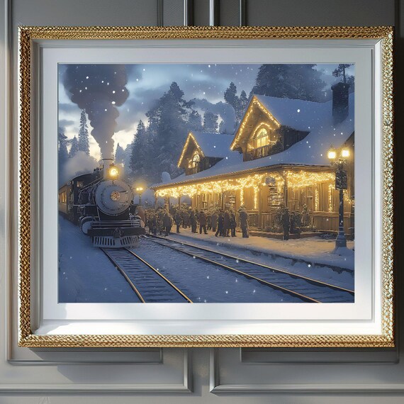 Cozy Winter Train Depot Glowing Station Snowy Evening Poster
