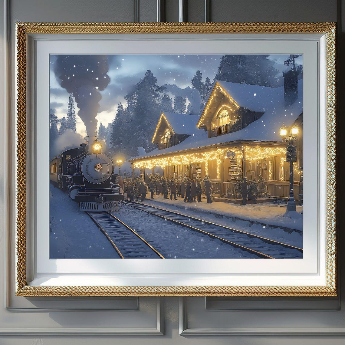 Cozy Winter Train Depot Glowing Station Snowy Evening Poster
