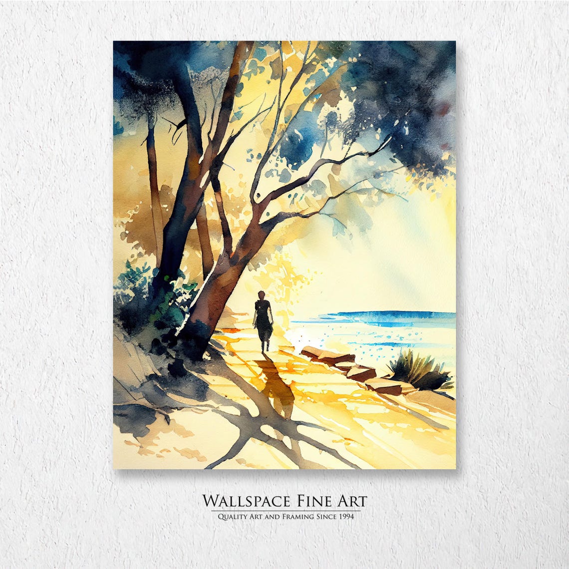 Afternoon Stroll Watercolor Beach Seascape Golden Sunset Walk Poster