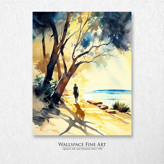 Afternoon Stroll Watercolor Beach Seascape Golden Sunset Walk Poster