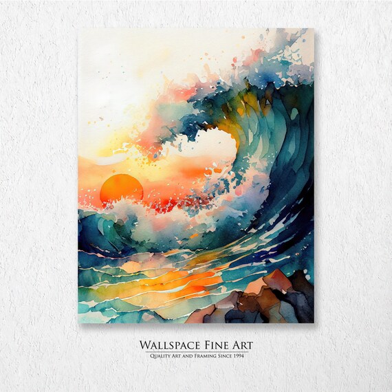 Big Wave at Sunset Watercolor Ocean Curl Surf Seascape Art Poster