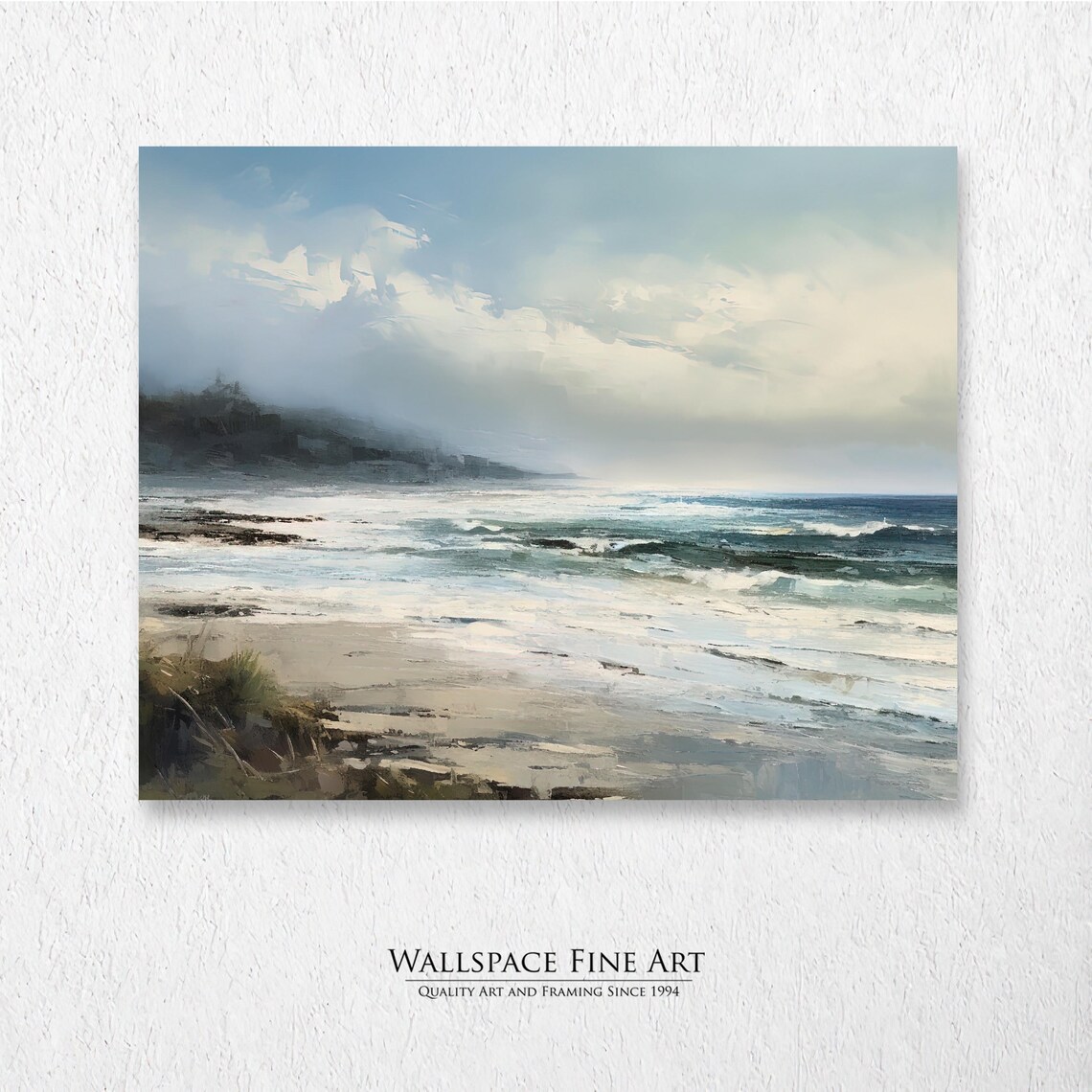 Misty Ocean Waves Cloudy Beach Seascape Impressionist Painting Wall Art