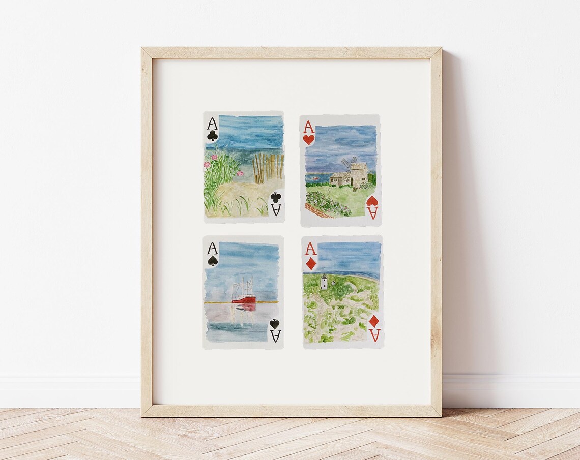 Four Aces Coastal Beach Watercolor Playing Card Set Art Poster