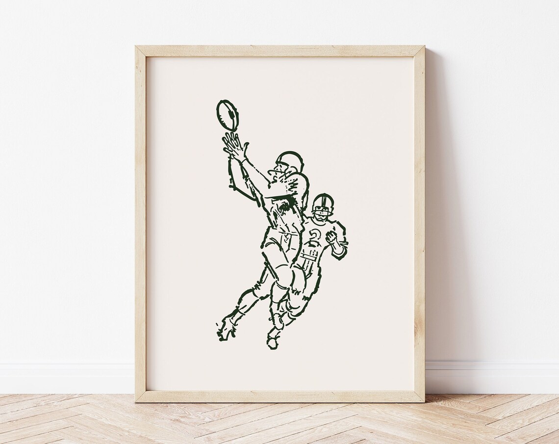Retro American Football Players Catch Vintage Sketch Wall Print
