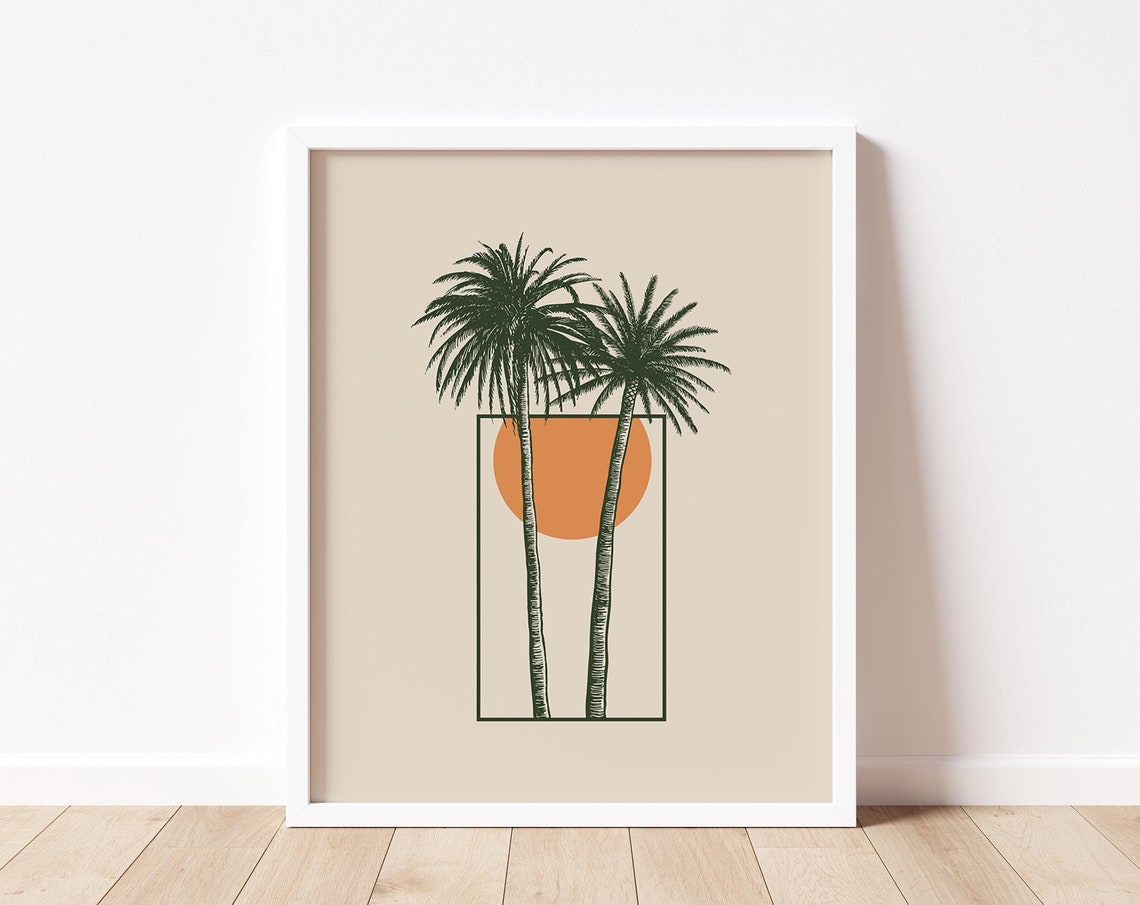 Palm Trees Sun Retro Boho Coastal Beach Minimalist Beige Wall Art