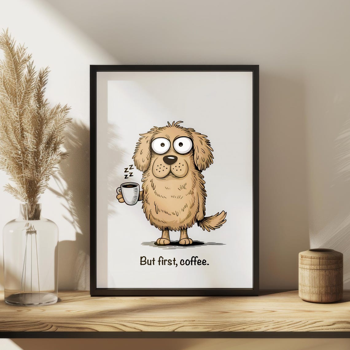 But First Coffee Drowsy Golden Dog Cartoon Lover Wall Poster - Image 2