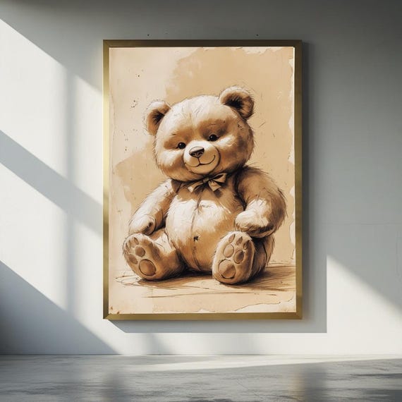 Vintage Teddy Bear Watercolor Print Sepia Bow Tie