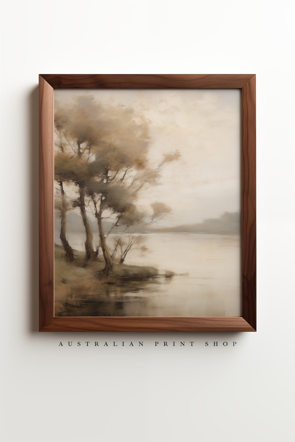 Vintage River Landscape Oil Painting Neutral Toned Wall Art Muted Art - Image 2