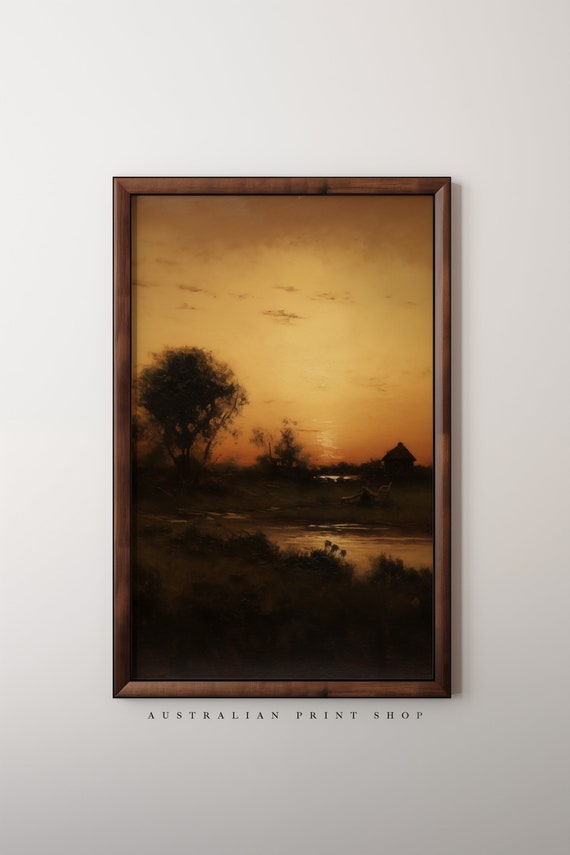 Vintage Sunset Oil Painting Australian Sunset Art Moody Wall Art Dark Warm Toned Art