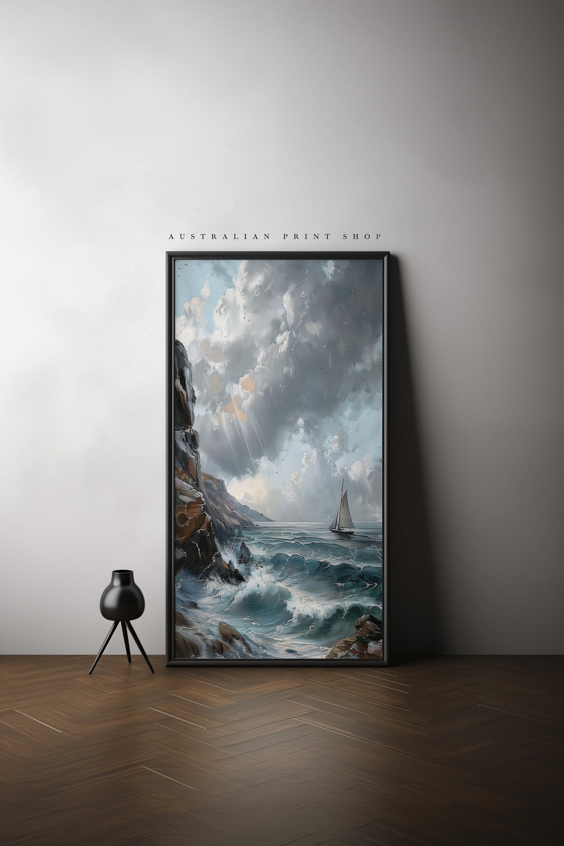 Vintage Ocean Oil Painting Muted Nautical Seascape Print Neutral Sailboat Ocean Art - Image 4