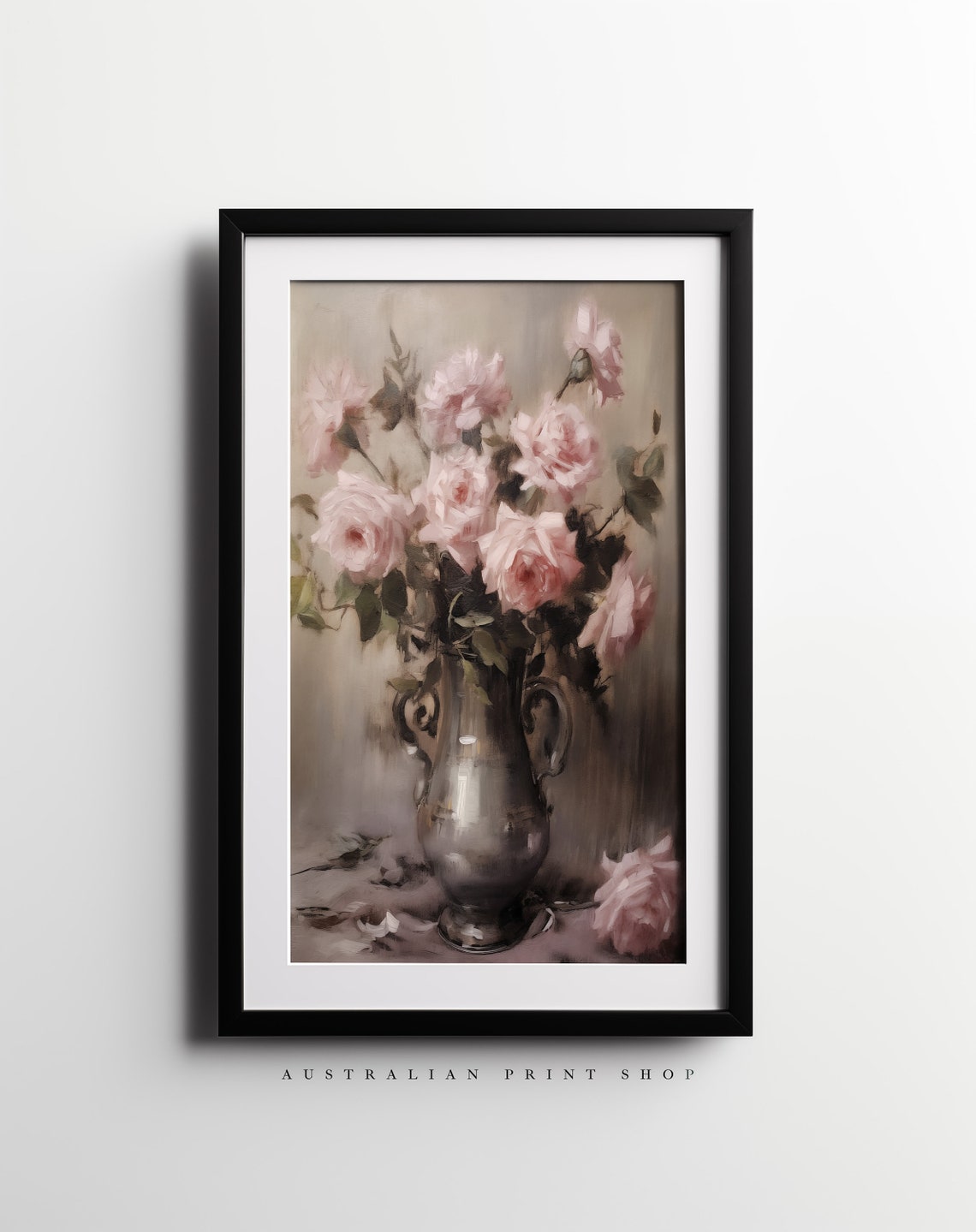 Vintage Pink Rose Oil Painting Neutral Moody Flower Print Wall Art Rose Flower Wall Decor - Image 2