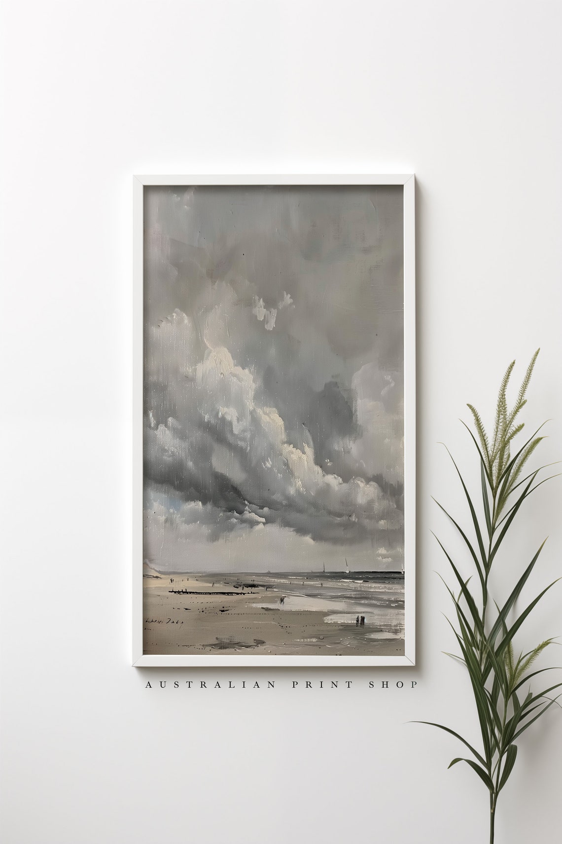 Moody Cloud Painting Soft Neutral Tones Beige Art Coastal Pastel Sky Painting Minimal Artwork Winter Beach Print - Image 2