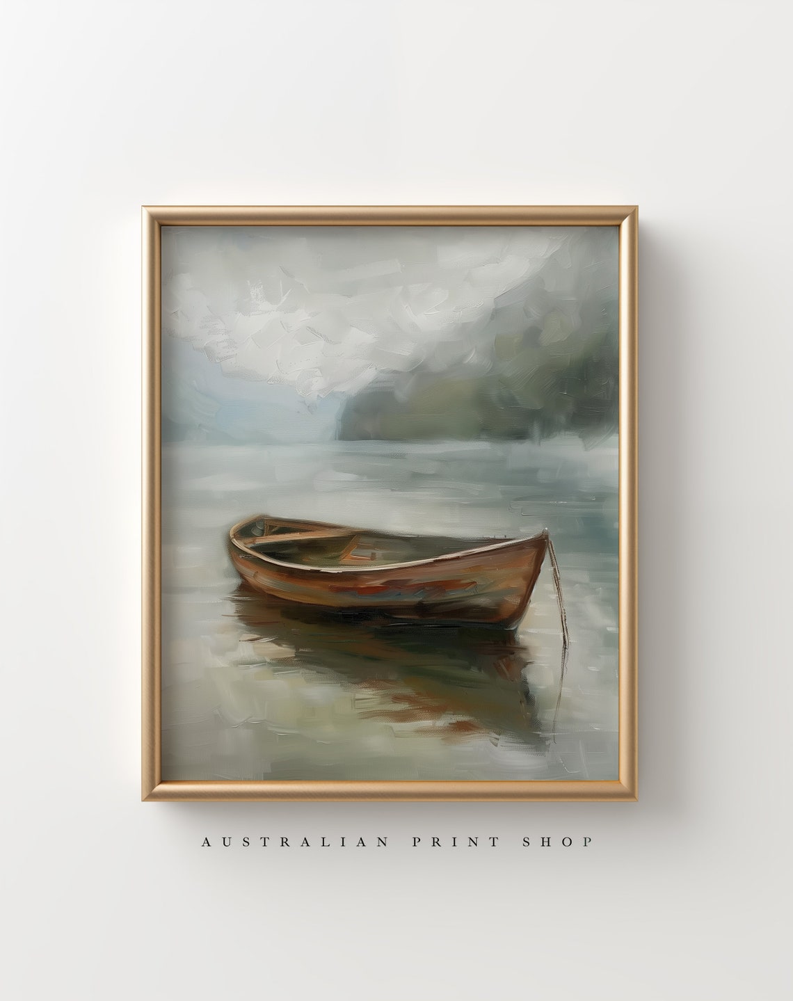 Vintage Lake Landscape Painting Serene Boat Hills Country Scene Home Decor Rustic Art - Image 5