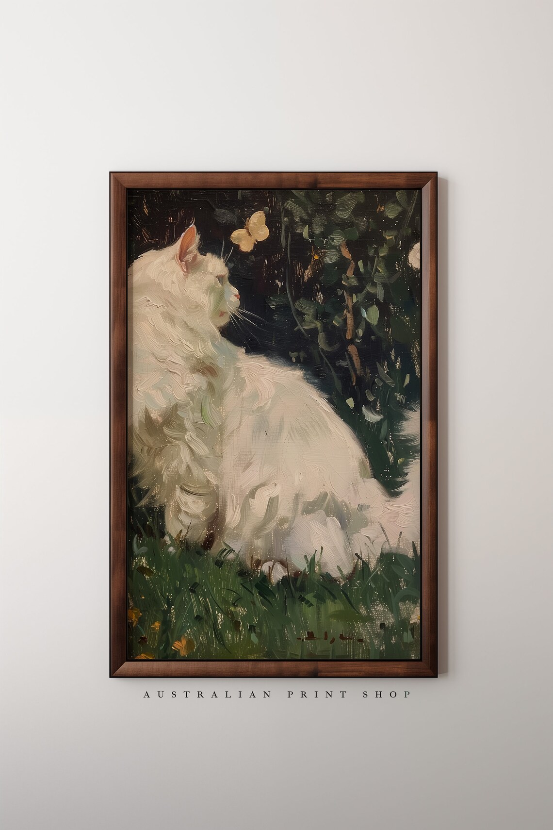Fluffy White Cat Watching a Butterfly in a Dark Garden Cat Poster - Image 7